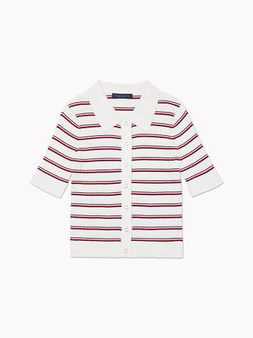 Női Tommy Hilfiger Stripe Knit Polo Cardigan Pulóverek Fehér | HU 370UZG